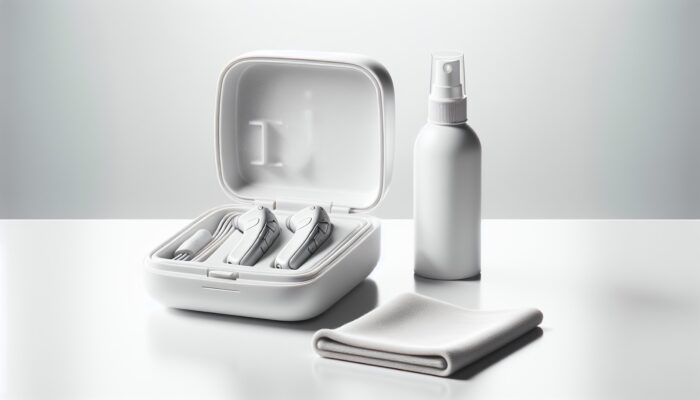 A clean, modern hearing aid storage case on a white shelf with cleaning supplies, ensuring a dust-free environment.
