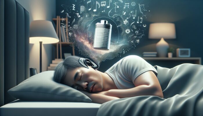 A person sleeping peacefully with a behind-the-ear hearing aid, designed for comfort and long battery life.