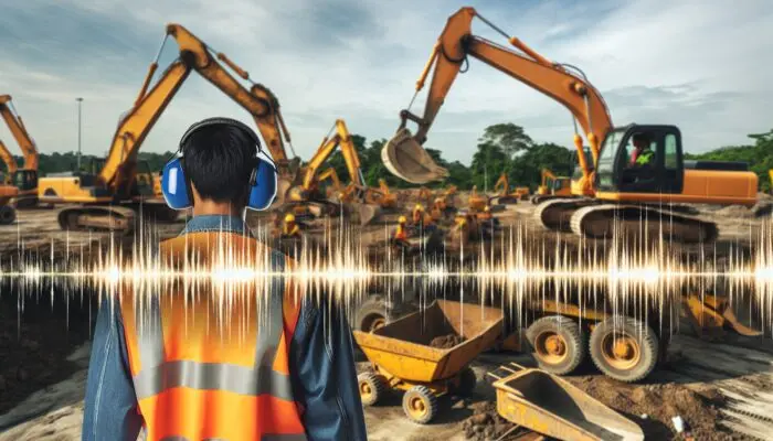Construction worker with earmuffs near heavy machinery, sound waves showing high-decibel noise impact on ears.