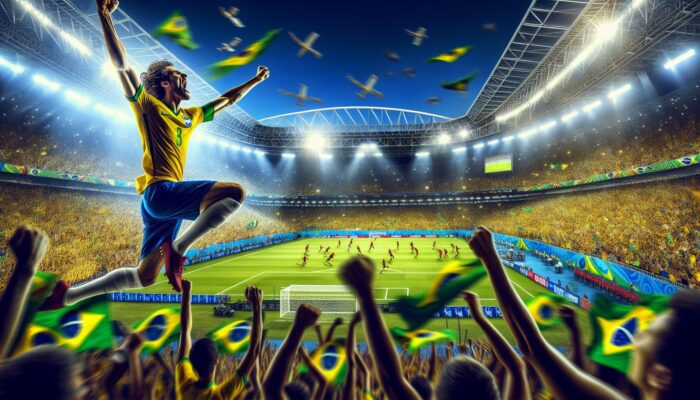 A vibrant soccer match in Brazil with thousands of fans, drums, and chants creating a noisy atmosphere.