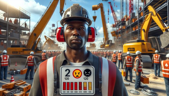 A worker at a construction site with ear protection amidst heavy machinery and 120 dB noise indicators, showing hearing loss risk.