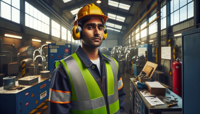 A worker using earplugs and earmuffs in a noisy industrial setting with sound insulation and noise barriers.
