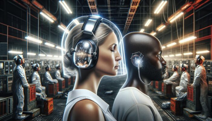 A person wearing advanced noise-canceling headphones in a loud industrial setting, illustrating the importance of hearing protection.