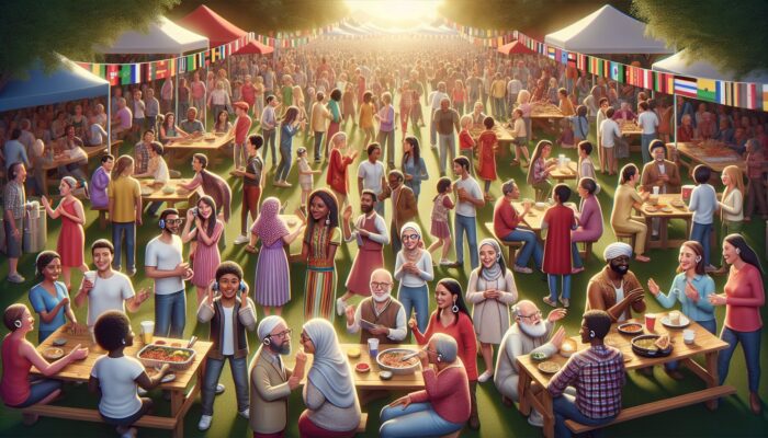A diverse community festival where people use hearing aids to engage in conversations and share cultural experiences, fostering strong connections.