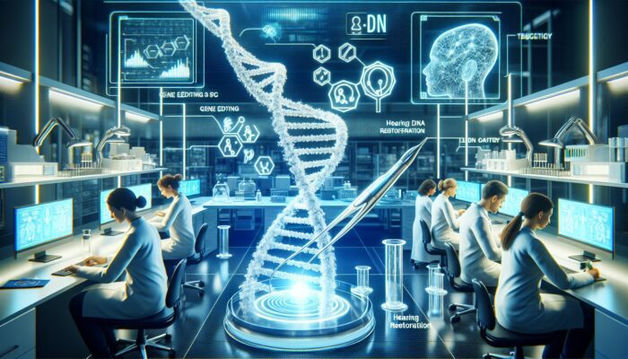 Scientists using CRISPR to edit genes for hearing restoration, with glowing DNA strand in futuristic lab.