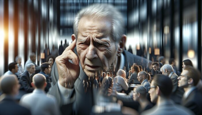 An elderly person in a social setting, struggling to hear, showing confusion and frustration.