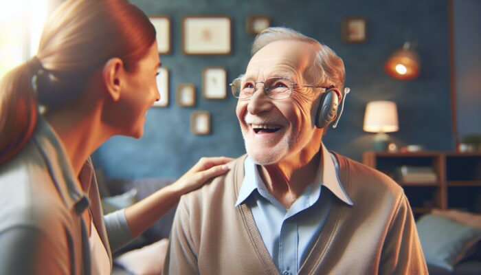 Elderly person with dementia wearing hearing aids, smiling and conversing with caregiver in a cozy room.