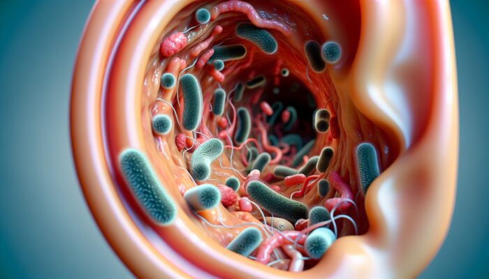 Close-up of ear canal with bacteria, showing infection risk from headphone use.