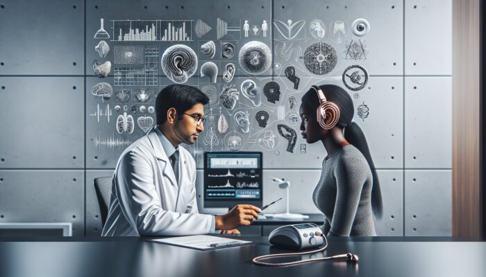 An audiologist performing a hearing evaluation with advanced equipment in a modern clinic.