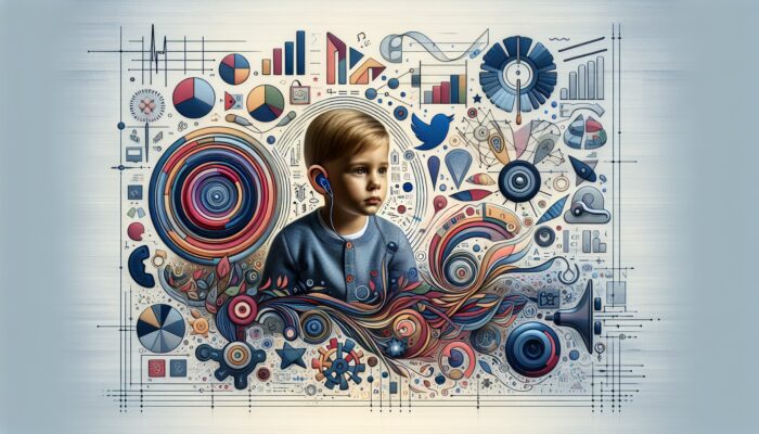 A young child with hearing loss surrounded by speech bubbles and letters, struggling with phonological awareness and literacy.