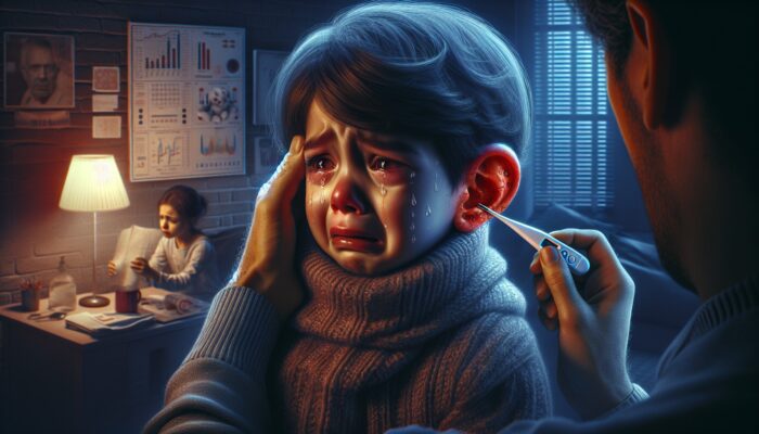 A distressed child with a red, inflamed ear, tears streaming down their face, in a cozy room with a concerned parent holding a thermometer.